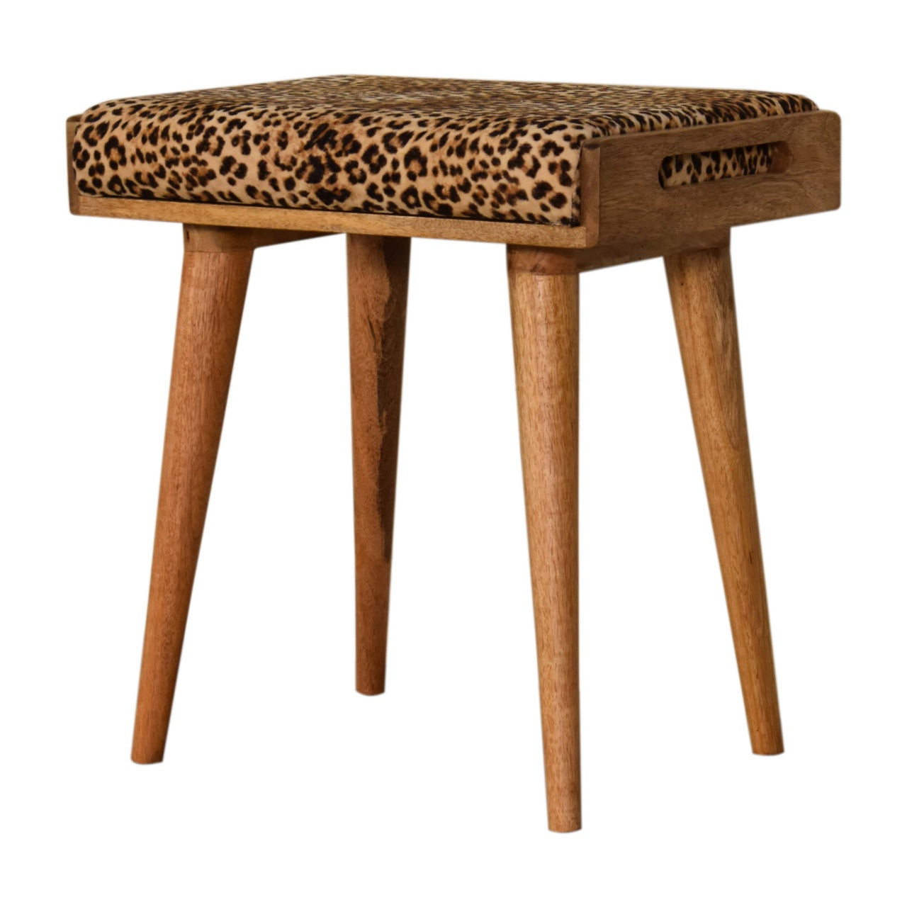 Leopard Velvet Tray Style Footstool with upholstered animal print top and solid mango wood legs. Right corner view