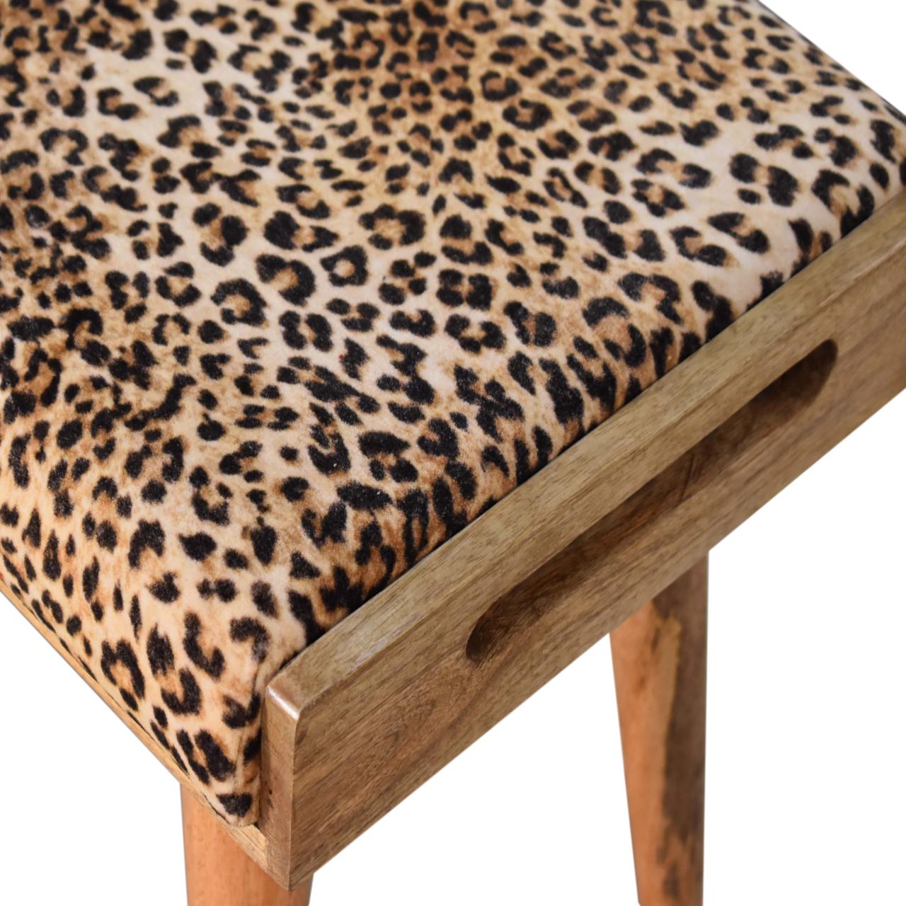 Leopard Velvet Tray Style Footstool with upholstered animal print top and solid mango wood legs. Top view