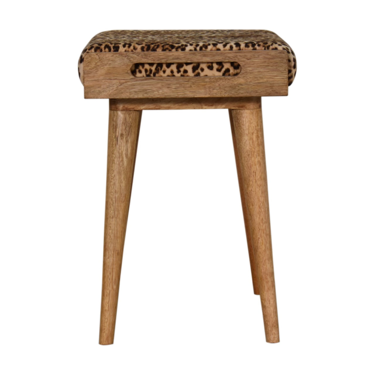 Leopard Velvet Tray Style Footstool with upholstered animal print top and solid mango wood legs. Side view