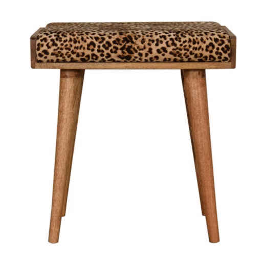 Leopard print velvet tray style footstool on hardwood floor-GIF