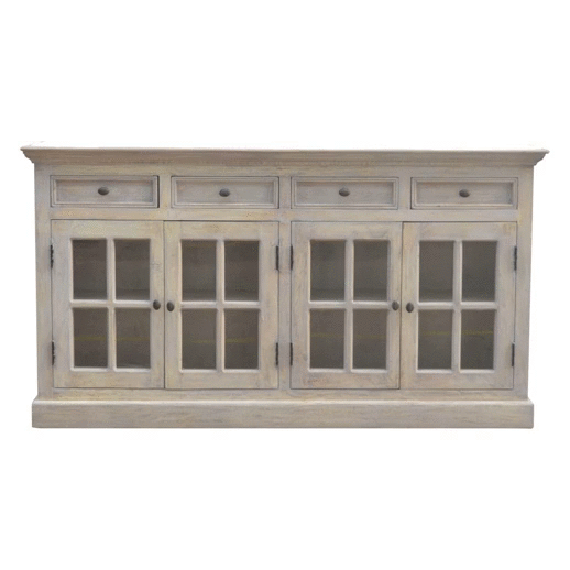Stone Acid Wash Glazed Sideboard made from solid mango wood with four drawers and four glazed doors-GIF 