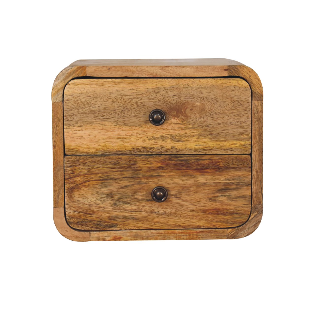 Mini Oak Wall-Mounted Unit made from solid mango wood with two drawers and curved design
