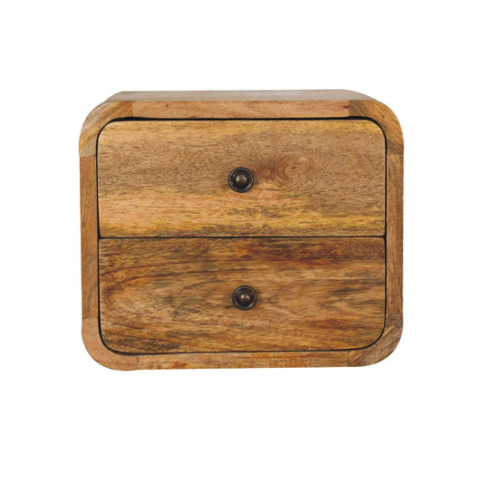Mini Oak Wall-Mounted Unit made from solid mango wood with two drawers and curved design