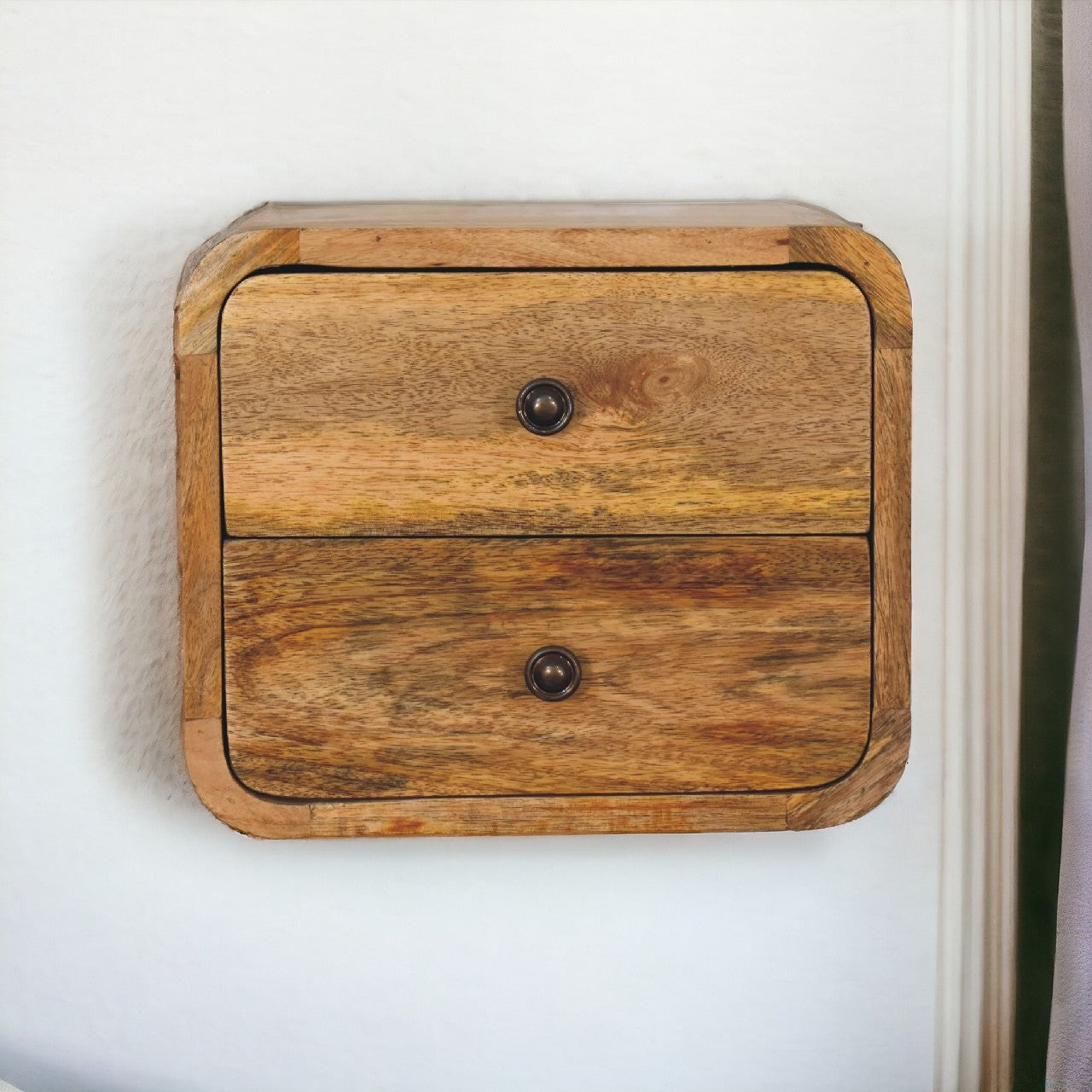 Mini Curve Oak Floating Nightstand – wall-mounted curved wood bedside table. Full view