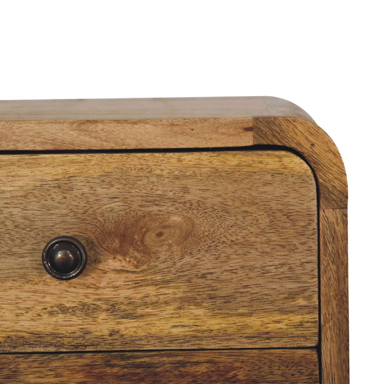 Mini Oak Wall-Mounted Unit made from solid mango wood with two drawers and curved design. Drawer close up view