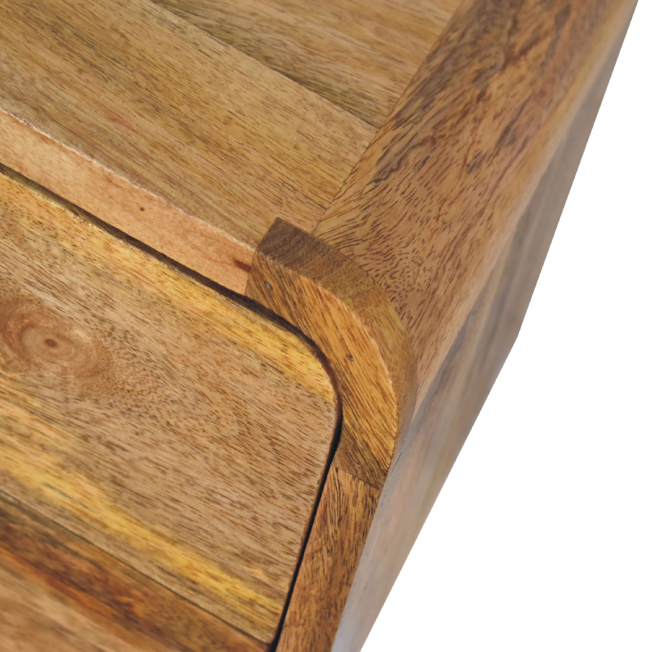 Mini Oak Wall-Mounted Unit made from solid mango wood with two drawers and curved design. Top edge view