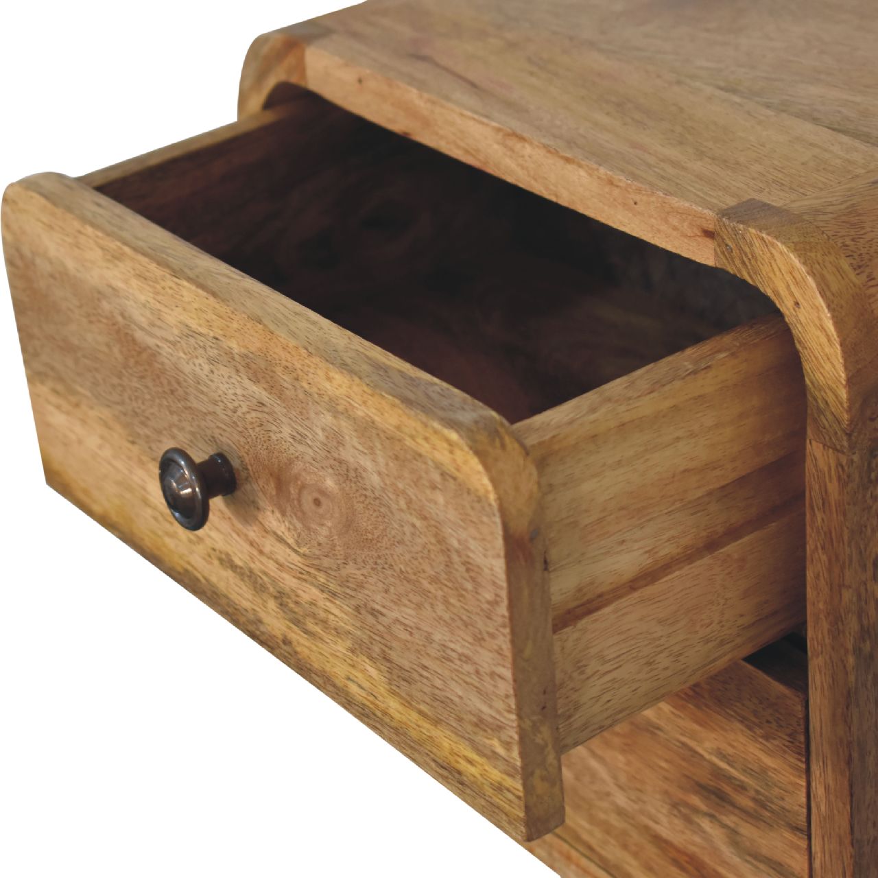 Mini Oak Wall-Mounted Unit made from solid mango wood with two drawers and curved design. Open drawer view
