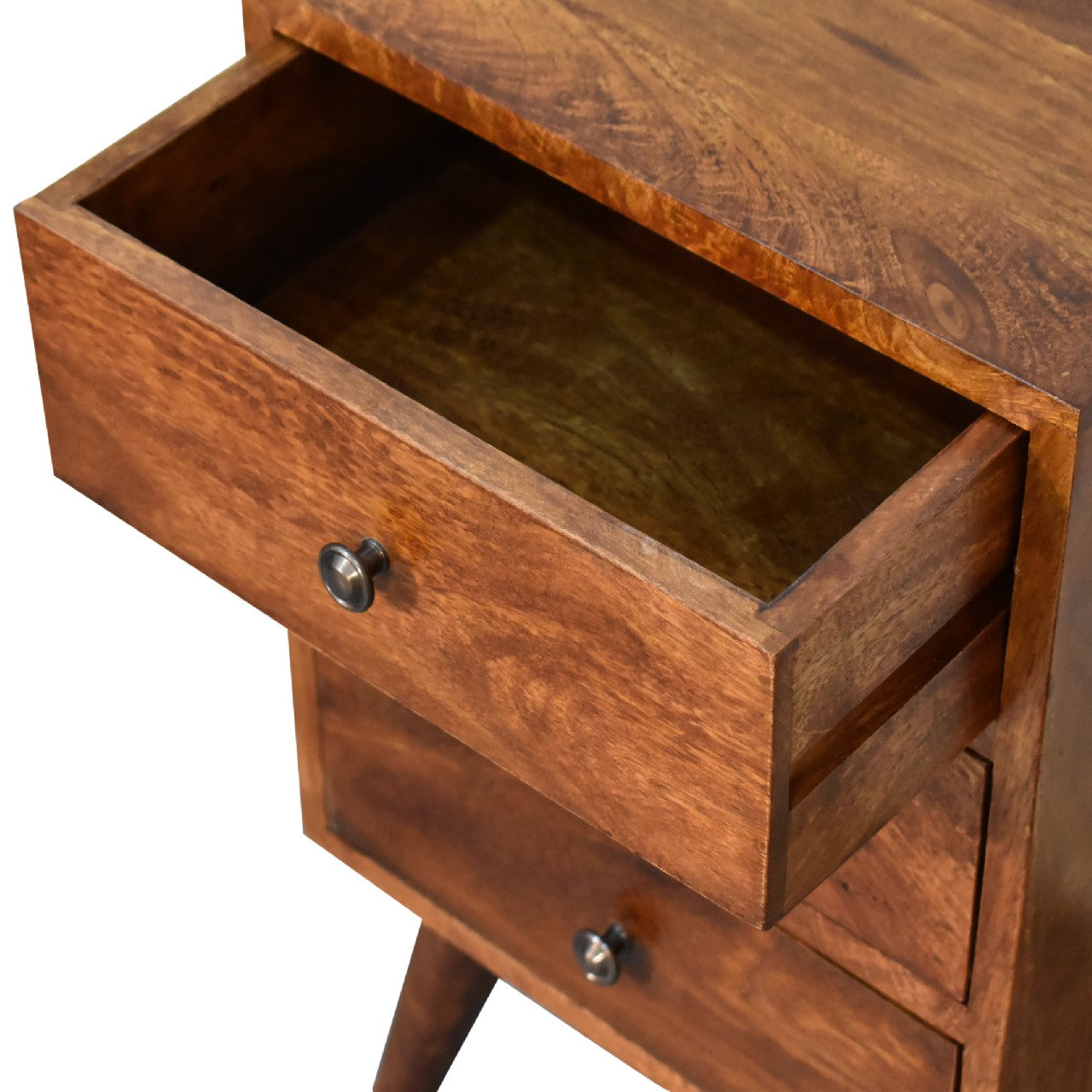 4 Drawer Chestnut Nightstand made from solid mango wood with smooth finish, four drawers, and Nordic-style legs. Open drawer view