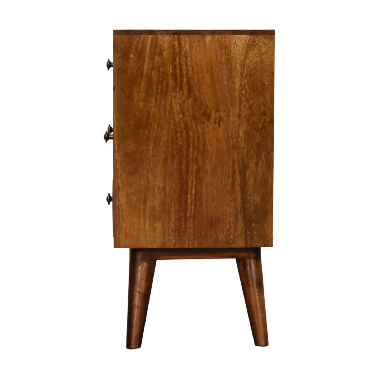 4 Drawer Chestnut Nightstand made from solid mango wood with smooth finish, four drawers, and Nordic-style legs. Side view