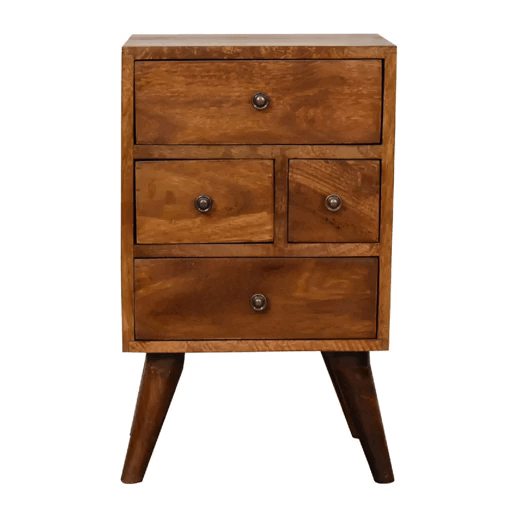 4 Drawer Chestnut Nightstand made from solid mango wood with smooth finish, four drawers, and Nordic-style legs. 360 degree GIF