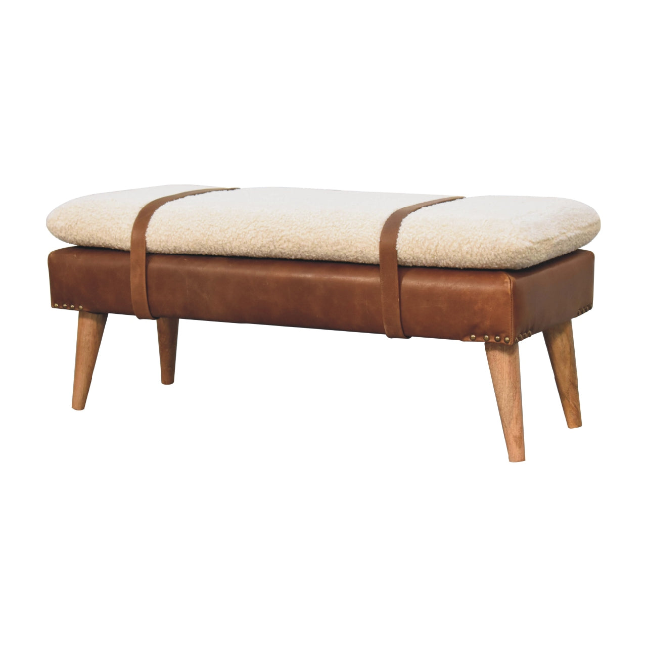 Modern boucle bench with white cushion and buffalo hide leather base – rustic accent seating for living room or entryway.