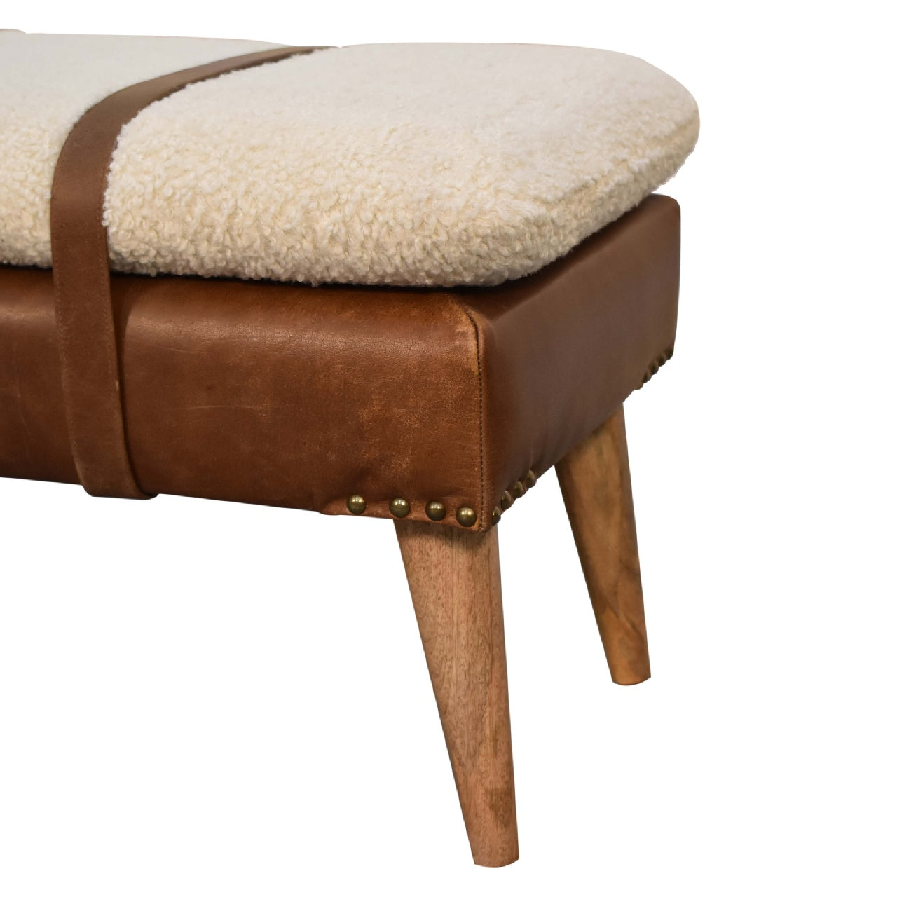 Modern boucle bench with white cushion and buffalo hide leather base – rustic accent seating for living room or entryway.