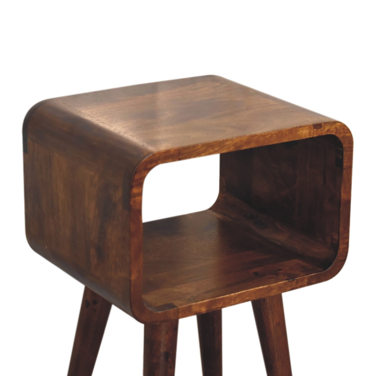 Mini Chestnut Open Nightstand made from solid mango wood with four tapered legs and one open storage compartment. Top view