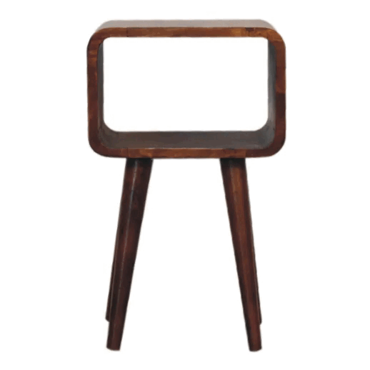 Mini Chestnut Open Nightstand made from solid mango wood with four tapered legs and one open storage compartment. GIF