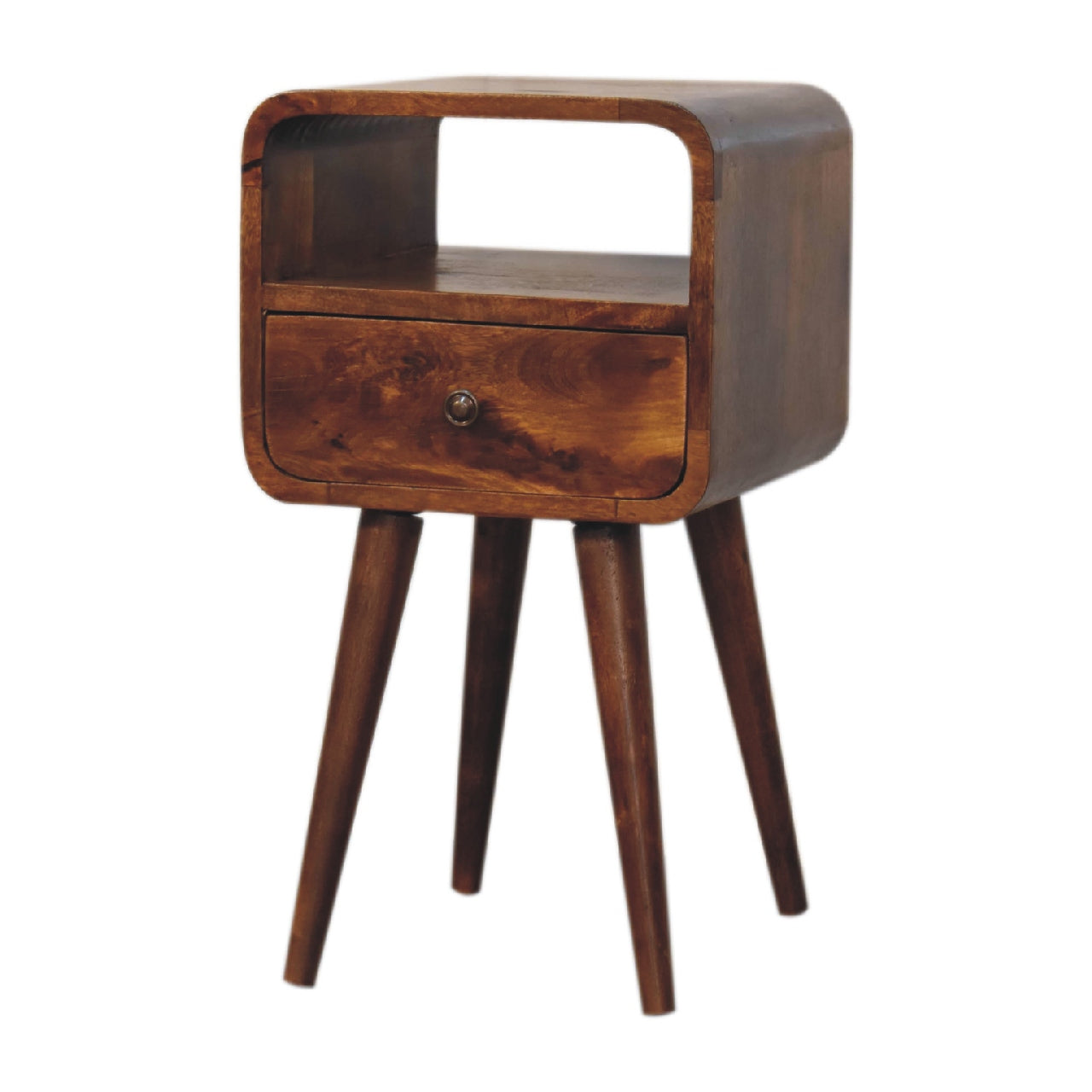 Mini Chestnut Curve Open Nightstand with 1 drawer, 1 open slot, and Nordic style legs. Left corner view