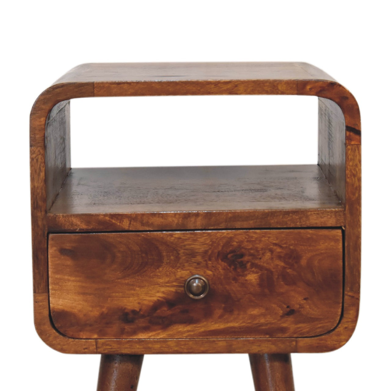 Mini Chestnut Curve Open Nightstand with 1 drawer, 1 open slot, and Nordic style legs. Front view 
