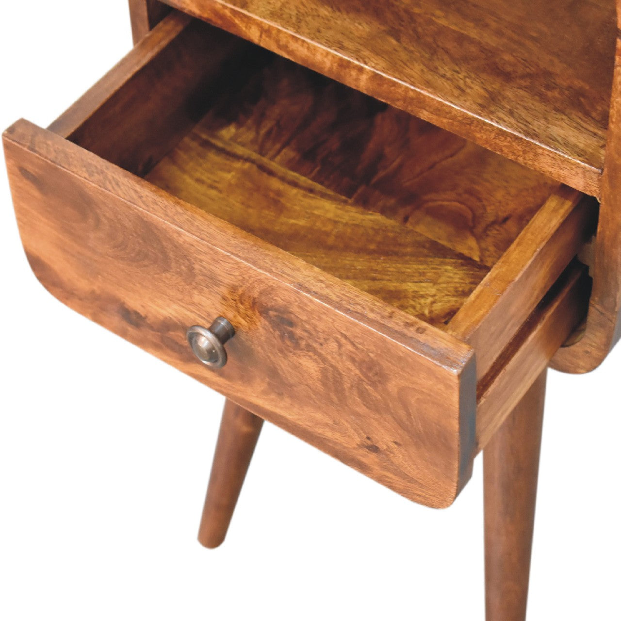 Mini Chestnut Curve Open Nightstand with 1 drawer, 1 open slot, and Nordic style legs. Opened drawer view