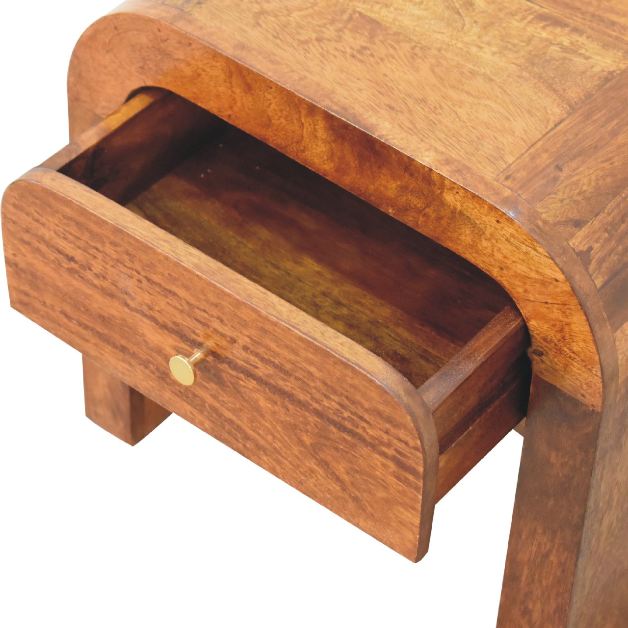 Darcy chestnut nightstand with curved edges and one drawer with brass knob. Open drawer view