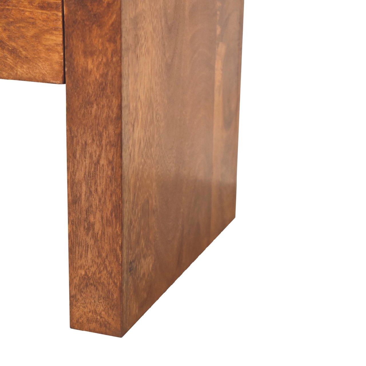 Darcy chestnut nightstand with curved edges and one drawer with brass knob. Foot view