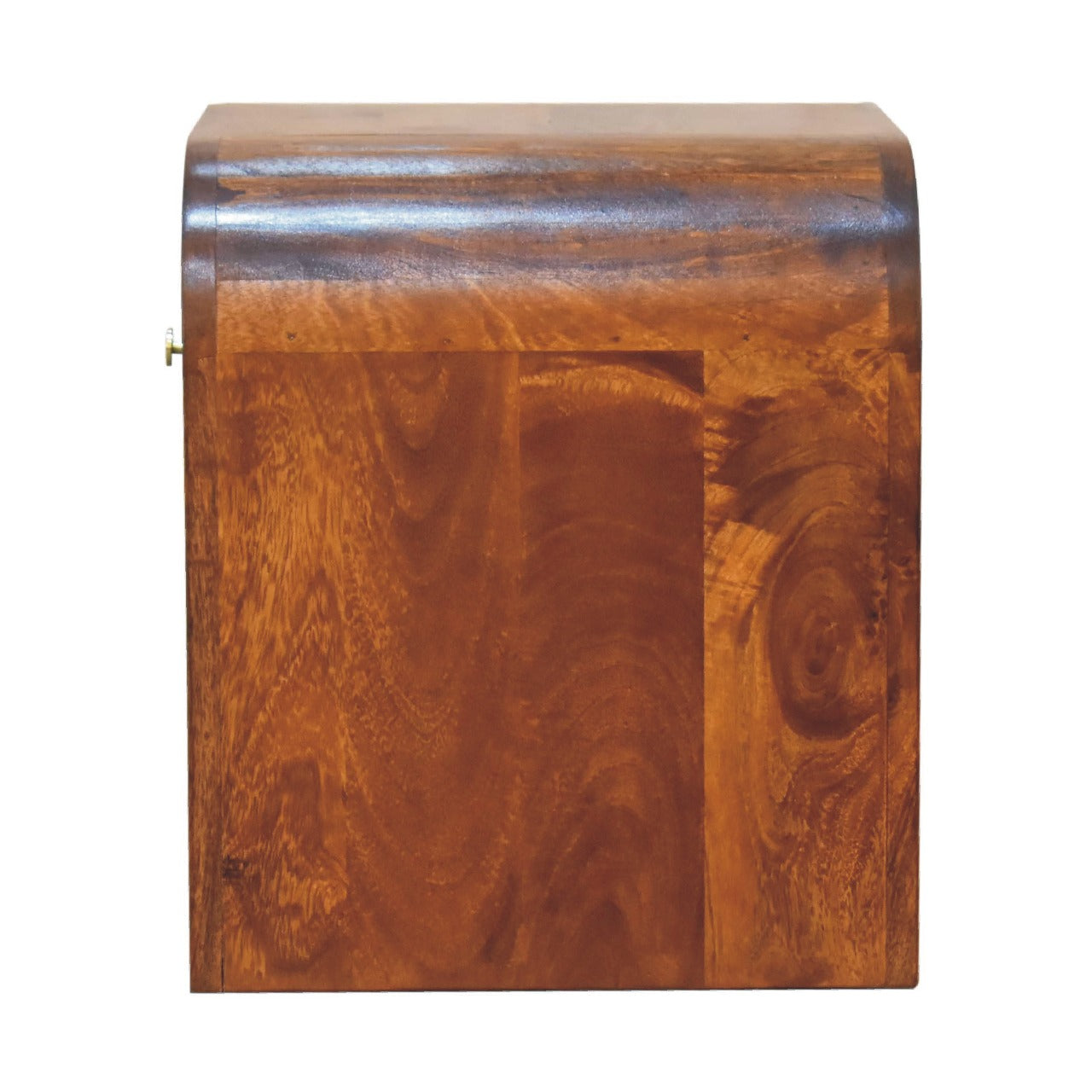 Darcy chestnut nightstand with curved edges and one drawer with brass knob. Side view