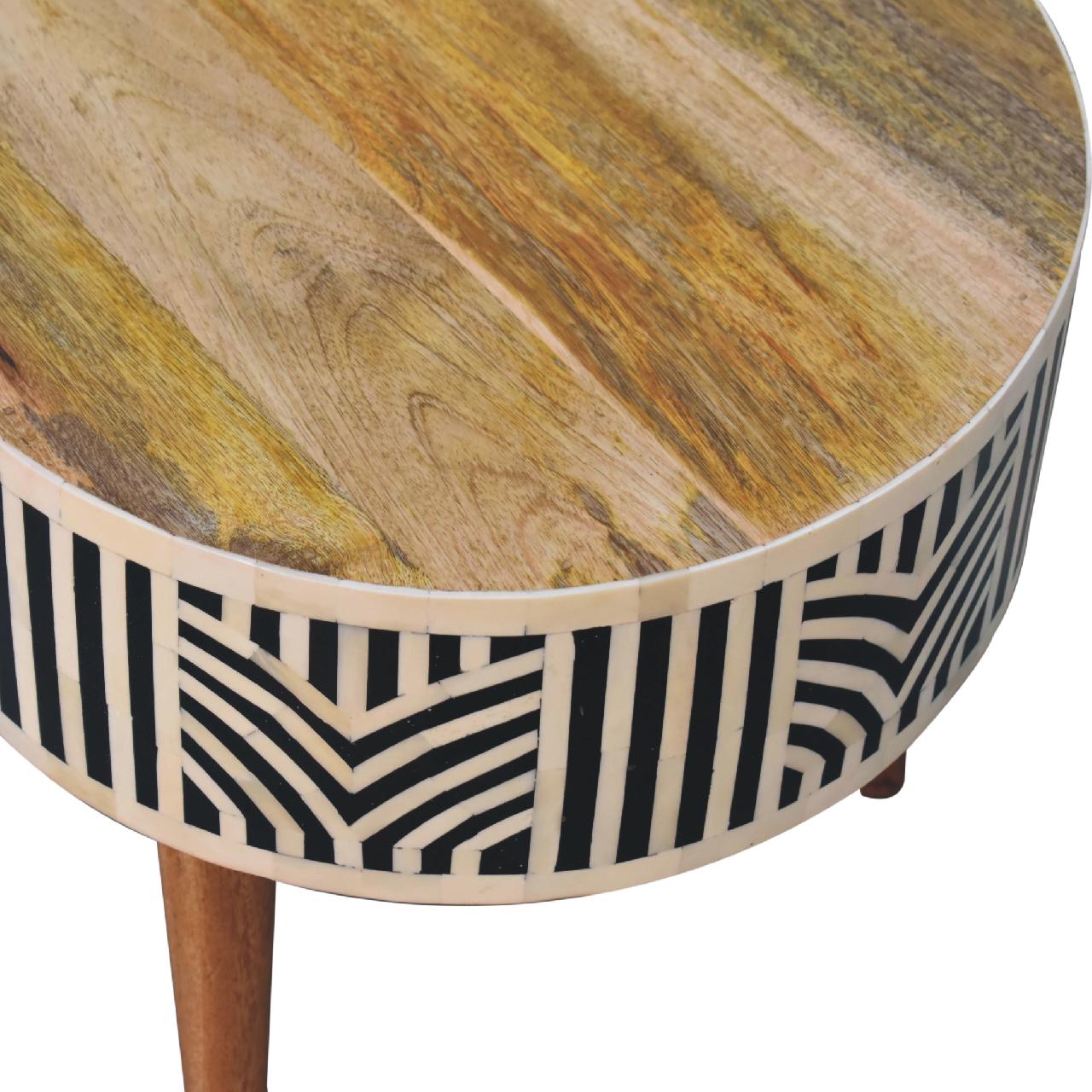 Edessa Bone Inlay Coffee Table with intricate bone inlay, drawers, and Nordic style legs. Top of table view