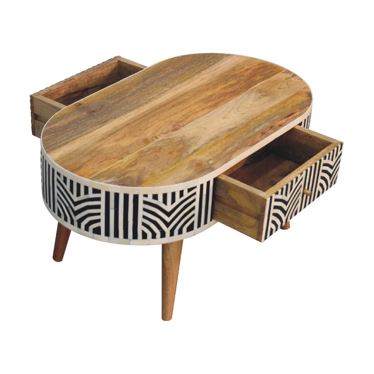 Edessa Bone Inlay Coffee Table with intricate bone inlay, drawers, and Nordic-style legs. Both drawers opened.