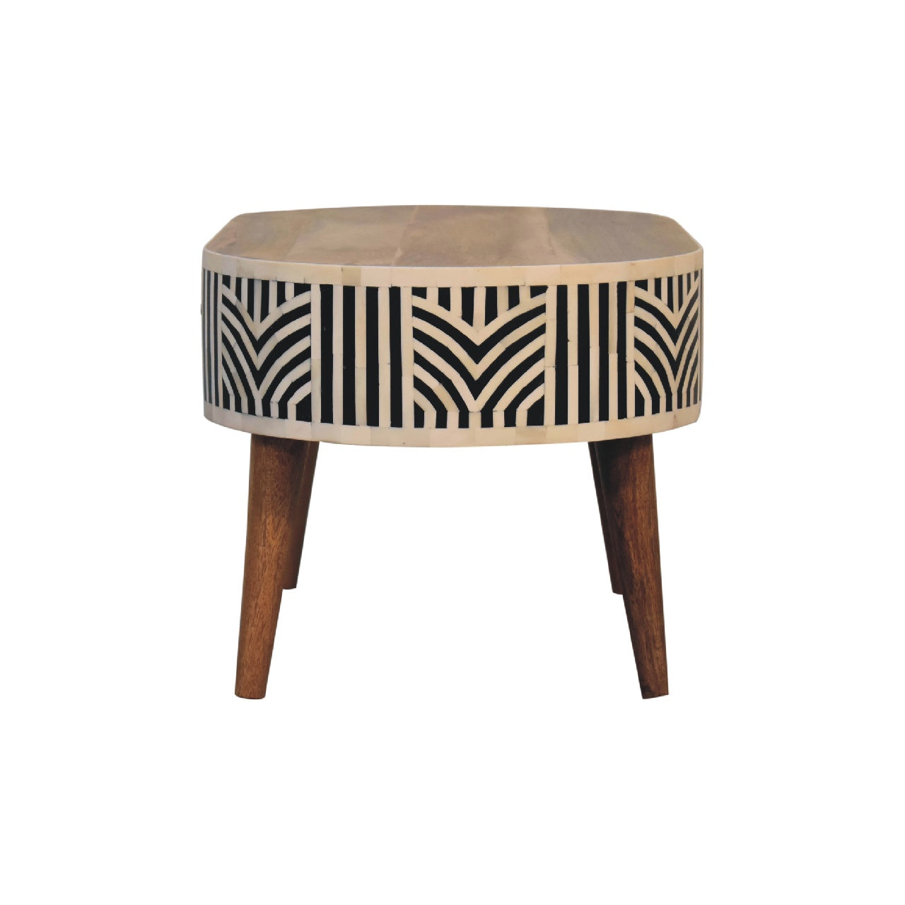 Edessa Bone Inlay Coffee Table with intricate bone inlay, drawers, and Nordic-style legs. Front view