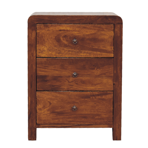 Naya Chestnut Nightstand made from solid mango wood with three drawers and brass knobs. 360 degree GIF 