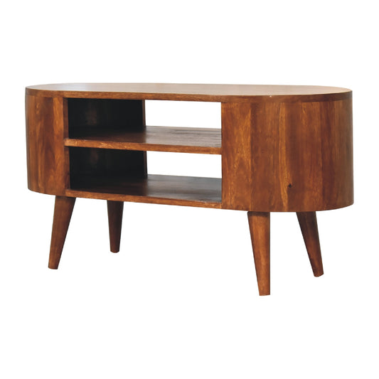 Cortez Chestnut Media Unit made from solid mango wood with two open shelves and chestnut finish.