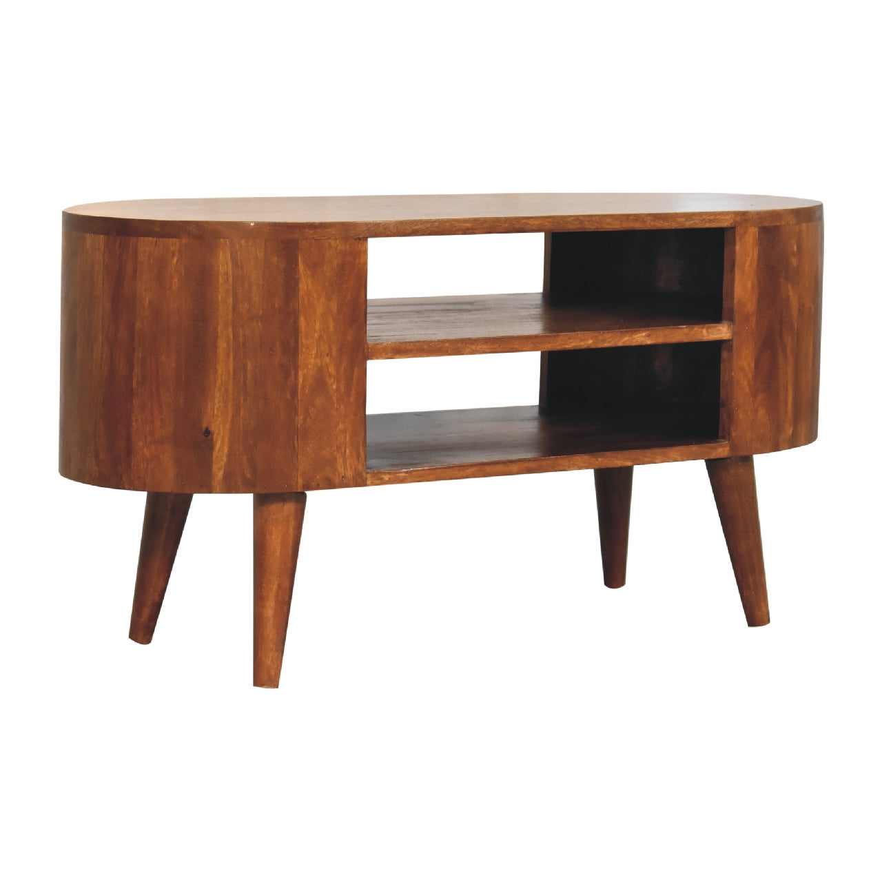 Cortez Chestnut Media Unit made from solid mango wood with two open shelves and chestnut finish.