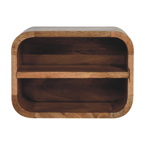 Oak-ish floating open curve nightstand with 2 open shelves. Wall-mounted  and solid mango wood. 360 degree GIF