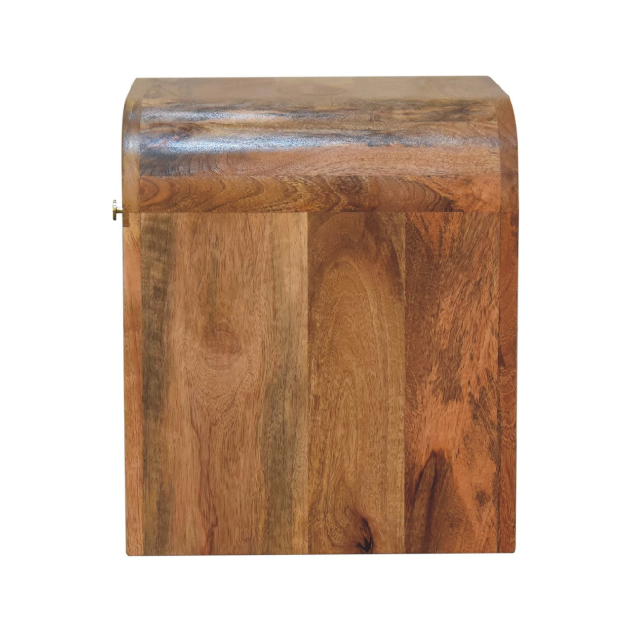 Darcy nightstand with one drawer, open shelf, brass knob, and solid mango wood frame in chestnut finish. Side view