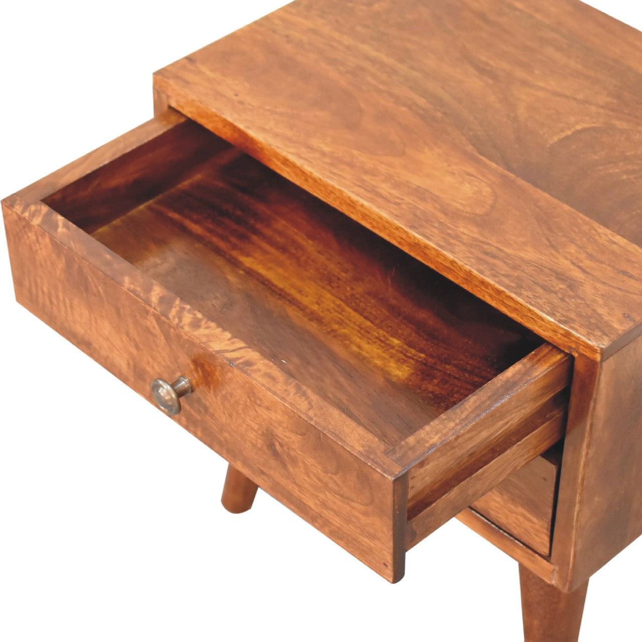 Mini Chestnut Modern Nightstand front open view drawer