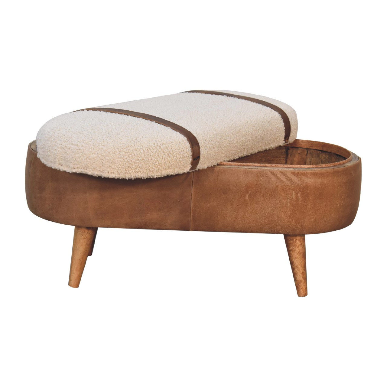 Tan Boucle and Buffalo Leather Bench with cotton boucle seat, leather straps, and oak finish legs. Cotton boucle seat view