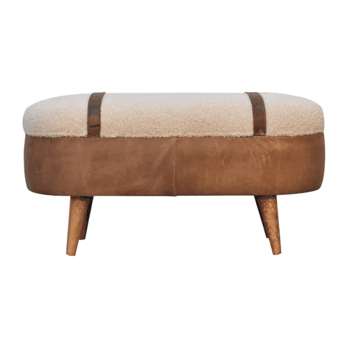 Tan Boucle and Buffalo Leather Bench with cotton boucle seat, leather straps, and oak finish legs. 360 degree GIF view
