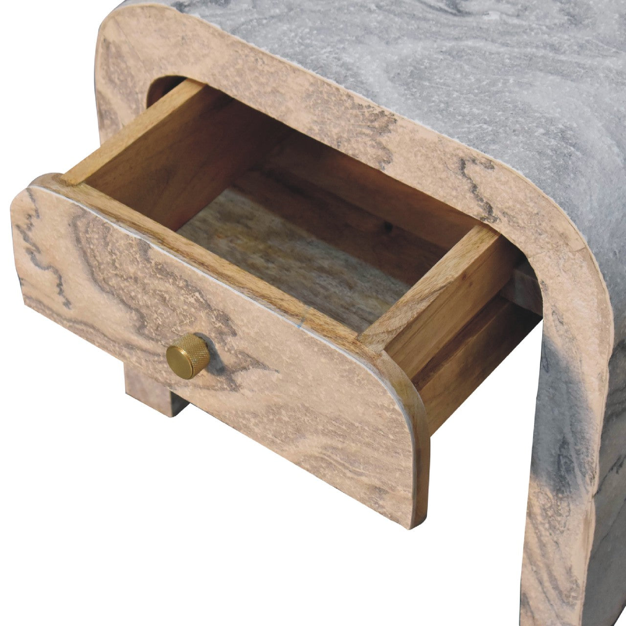 Nouveau nightstand with marble effect veneer, solid mango wood frame, and brass round knob. Opened drawer view