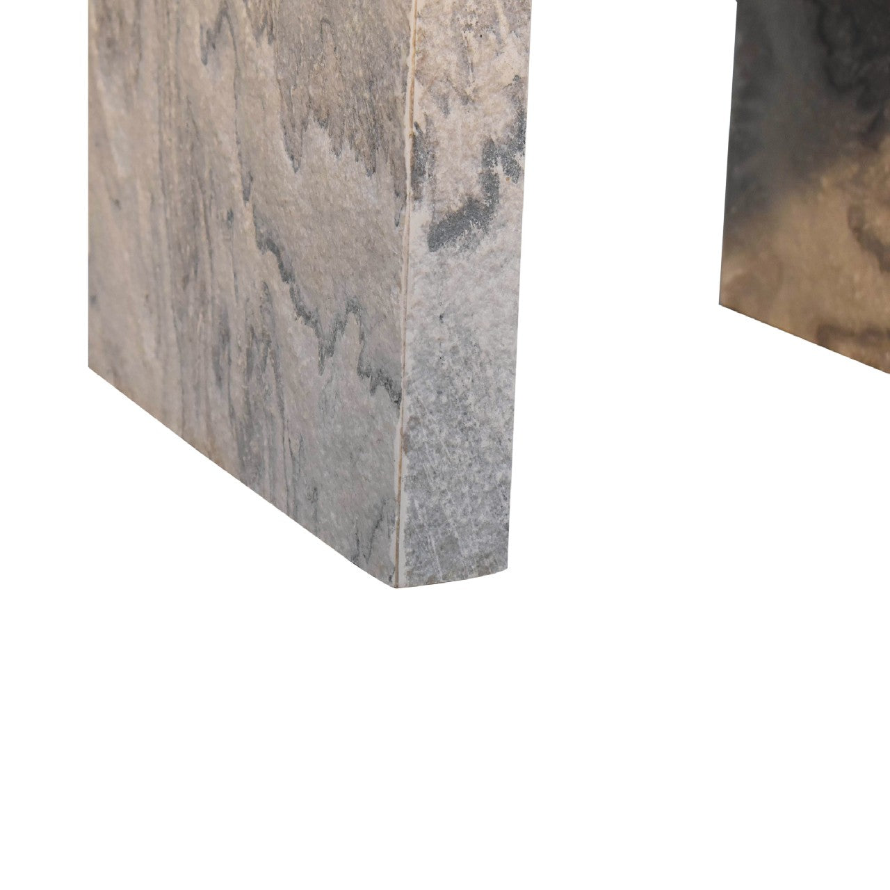 Nouveau nightstand with marble effect veneer, solid mango wood frame, and brass round knob. Foot view  of nightstand.