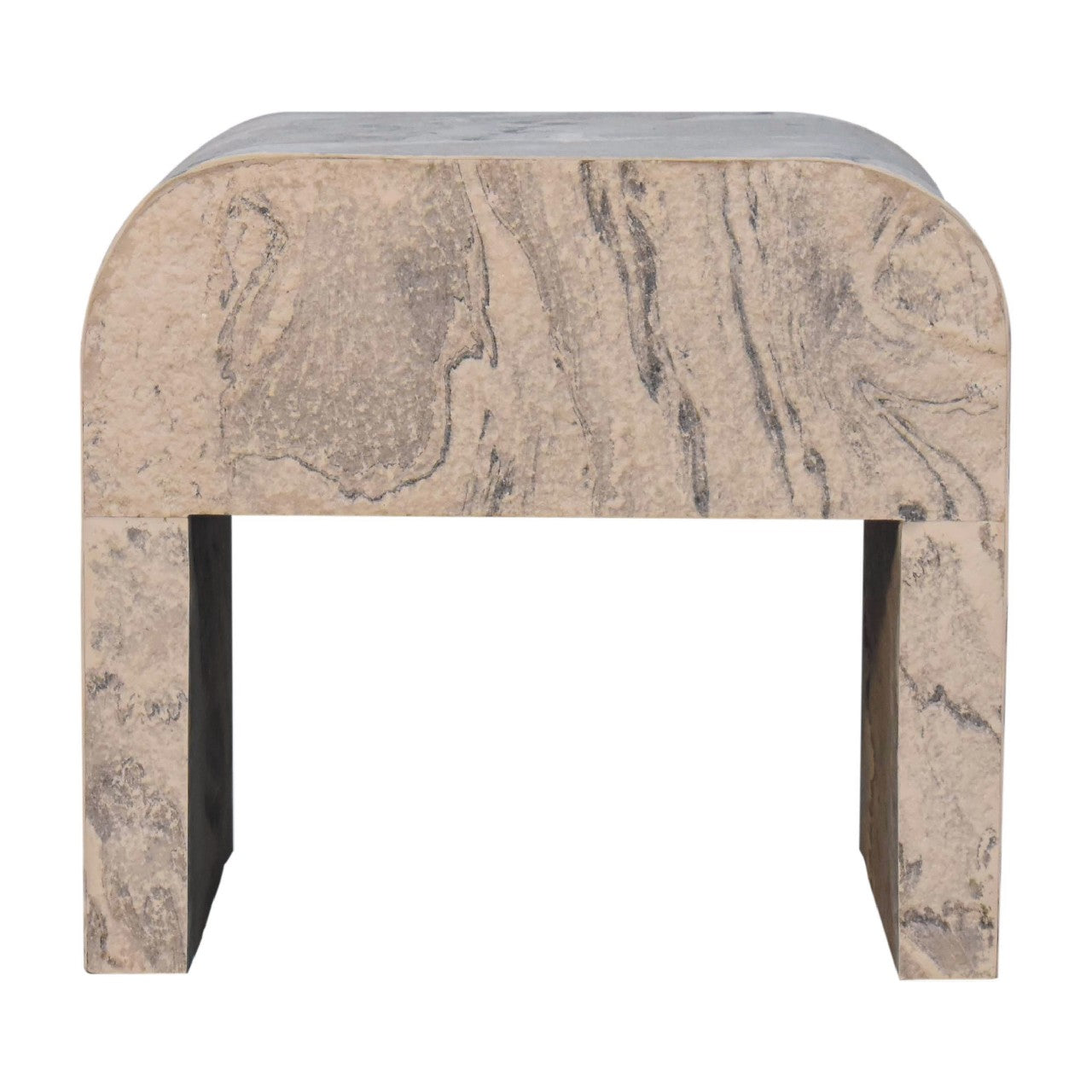 Nouveau nightstand with marble effect veneer, solid mango wood frame, and brass round knob. Back view