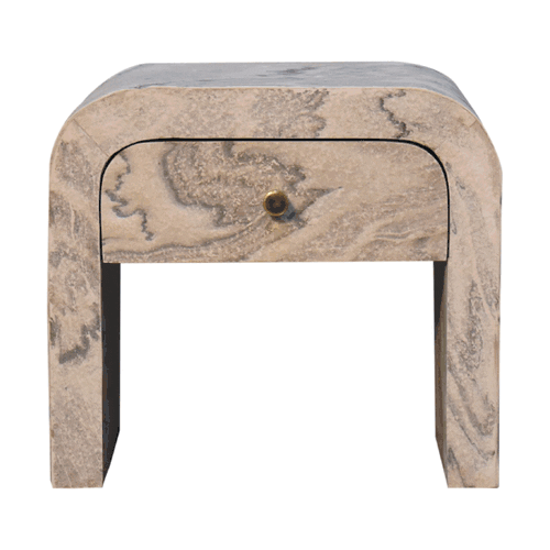 Nouveau nightstand with marble effect veneer, solid mango wood frame, and brass round knob. 360 degree GIF