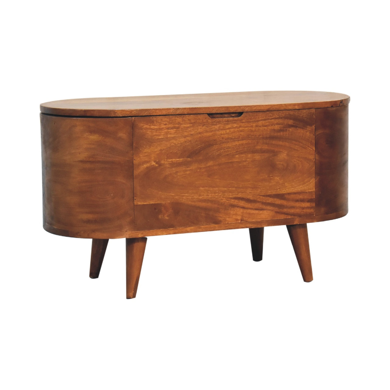 Chestnut Rounded Lid Up Blanket Box made from solid mango wood with hinged lid and rounded design. Corner view