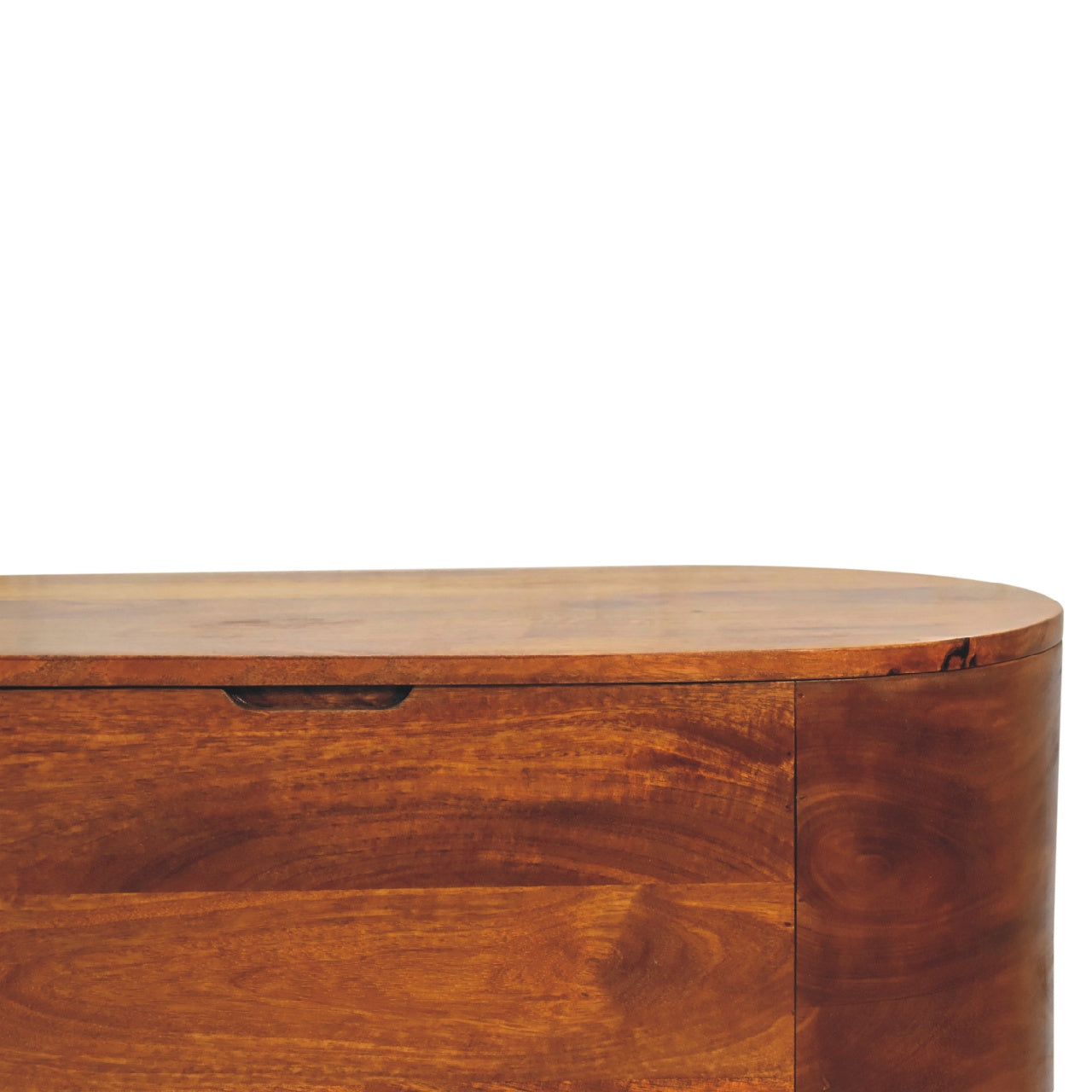 Chestnut Rounded Lid Up Blanket Box made from solid mango wood with hinged lid and rounded design. Edge view