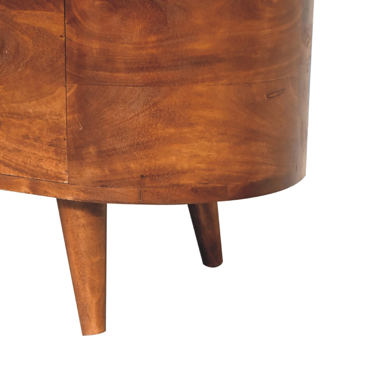 Chestnut Rounded Lid Up Blanket Box made from solid mango wood with hinged lid and rounded design. Base and leg view