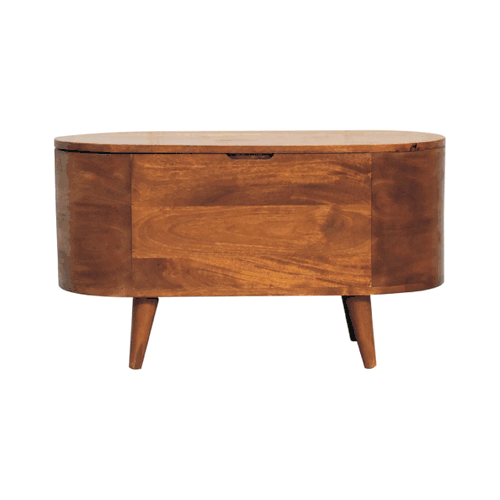 Chestnut Rounded Lid Up Blanket Box made from solid mango wood with hinged lid and rounded design-GIF