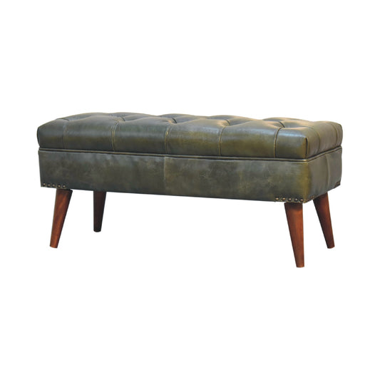 Harbour Bench with solid mango wood legs and olive buffalo leather seat with deep button design