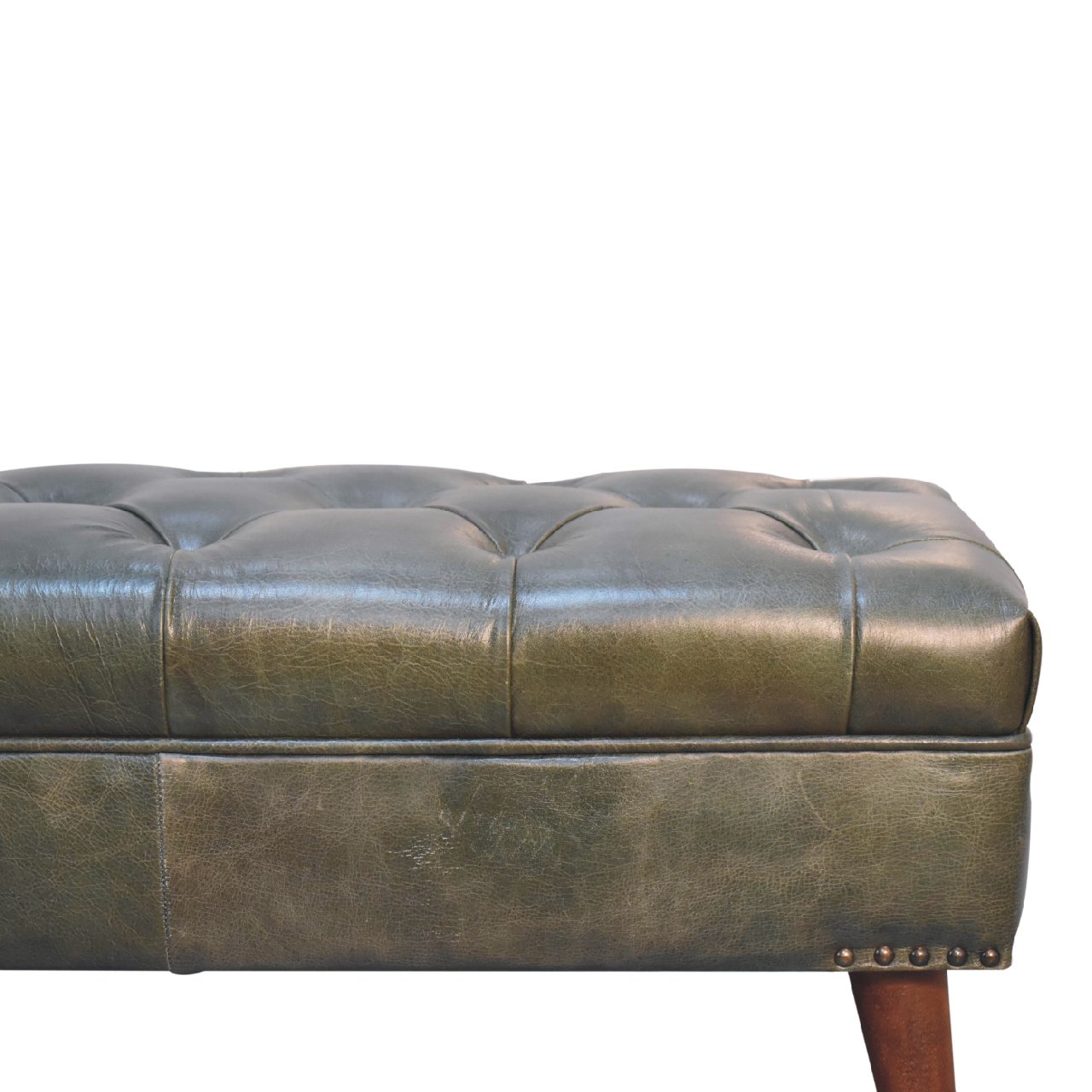 Harbour Bench with solid mango wood legs and olive buffalo leather seat with deep button design. Corner view