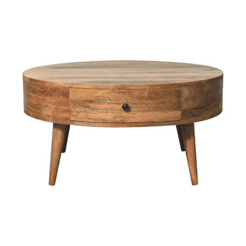Odyssey Oak-ish Coffee Table made from solid mango wood with circular design and drawer with brass knob. 360 degree GIF
