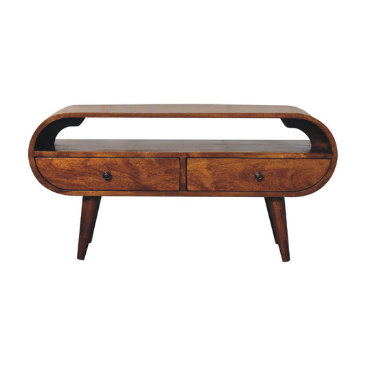 Chestnut Circular TV Stand made from solid mango wood with 2 drawers, open slot, and Nordic-style legs