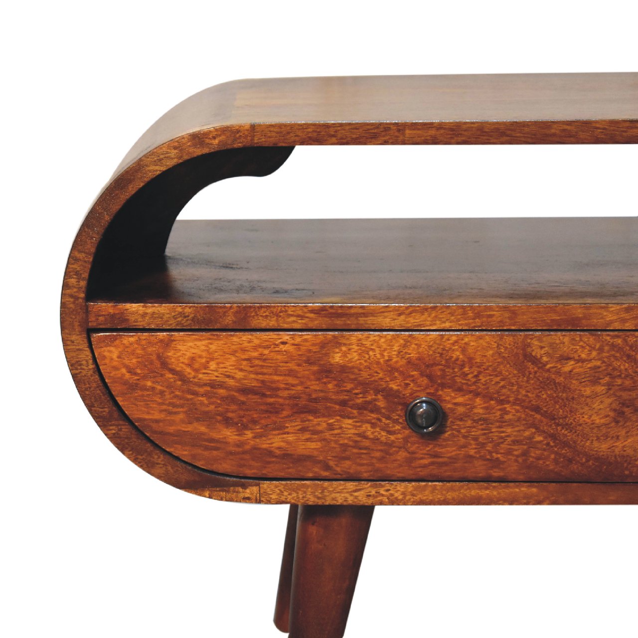 Chestnut Circular TV Stand made from solid mango wood with 2 drawers, open slot, and Nordic-style legs. Corner view