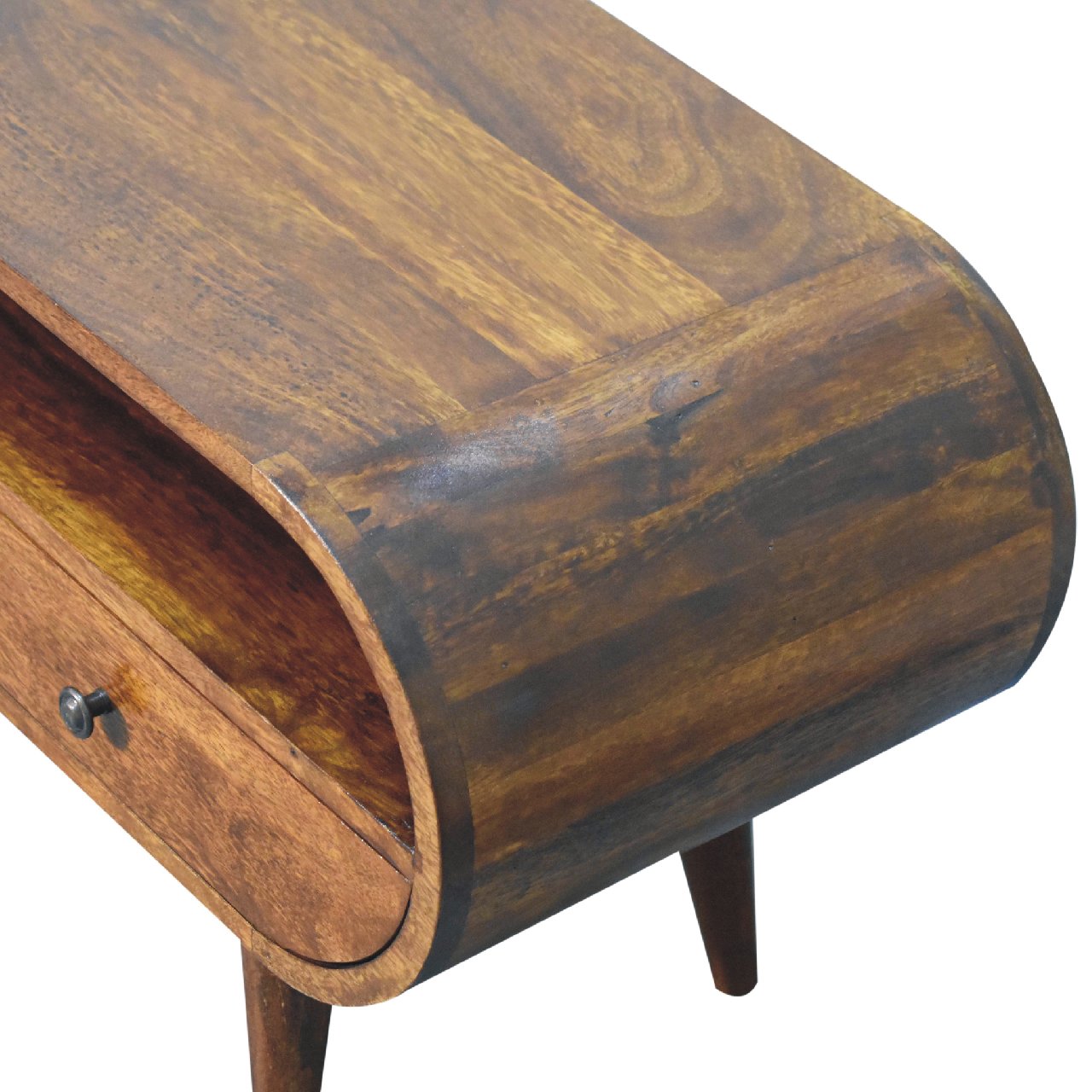 Chestnut Circular TV Stand made from solid mango wood with 2 drawers, open slot, and Nordic-style legs. TV Stand top view