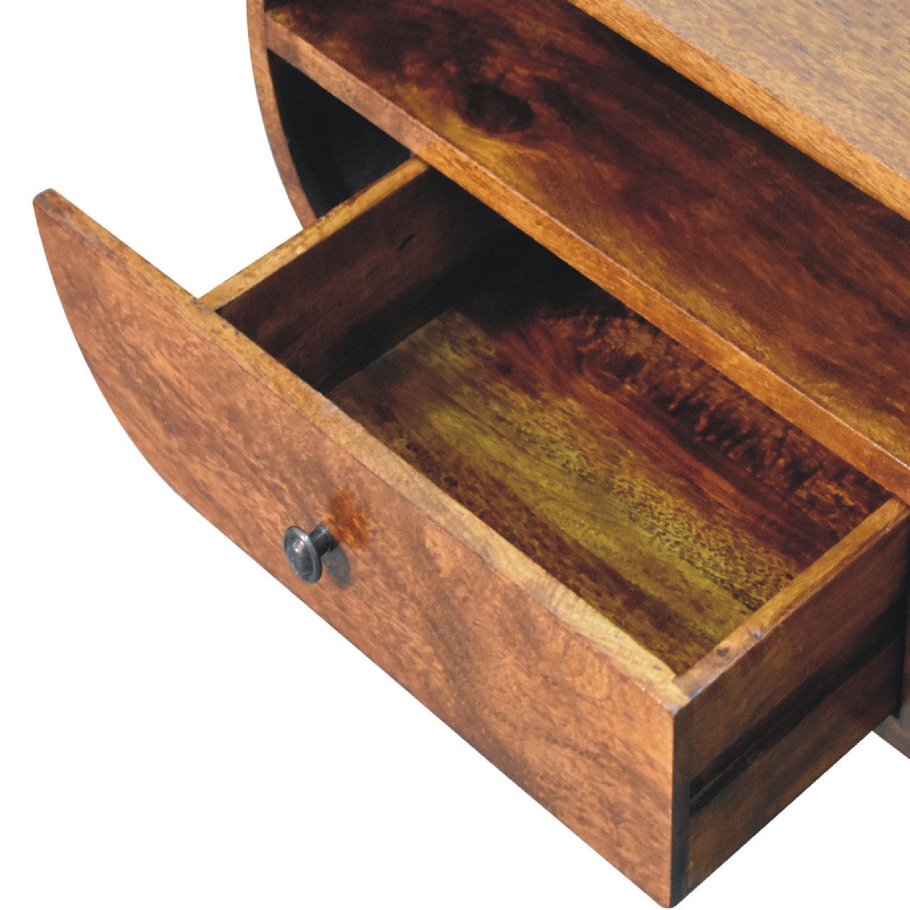 Circular chestnut TV stand with curved edges and wooden finish.-open drawer view